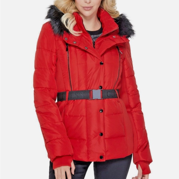 GUESS Women's Vonn Belted Puffer Hooded Jacket - Picture 9 of 12